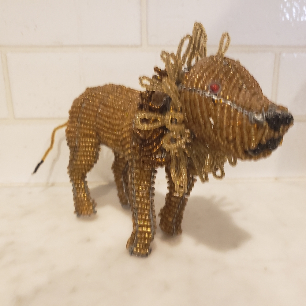 Wire And Bead Lion Figurine Handmade